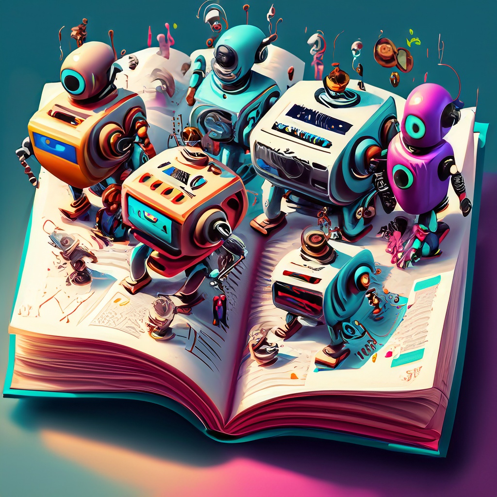 An open book displaying vivid infographics of robots