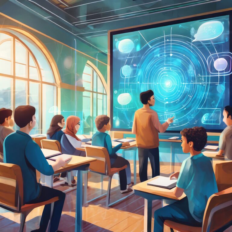 AI-generated image of an Instructor teaching futuristic concepts to a diverse group of students in an interactive classroom with a holographic display.