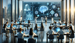 AI-generated image of a high-tech classroom with students and an instructor analyzing brain neural networks on a digital screen.